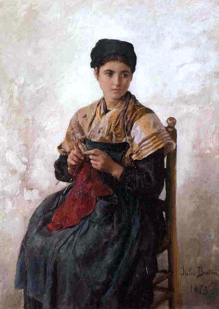 Jules-Adolphe Breton Young Woman Knitting - Canvas Print