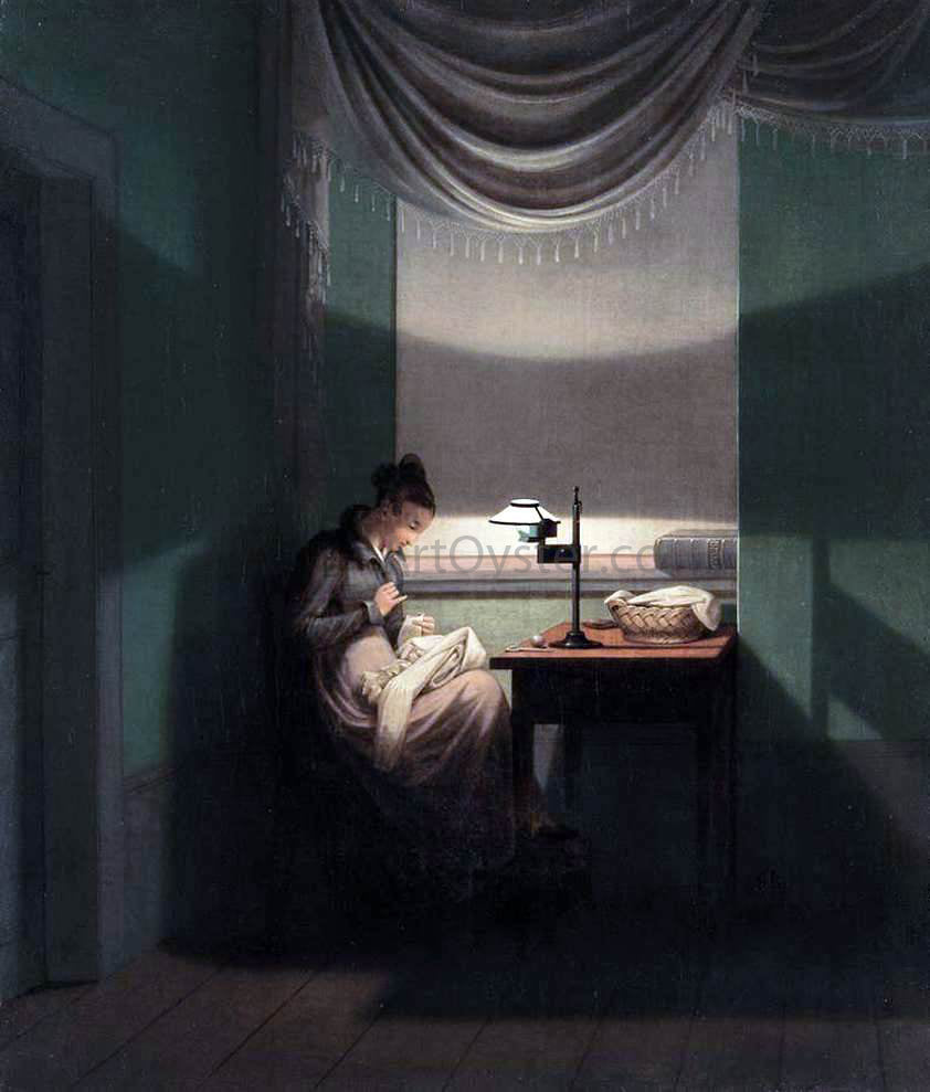 Georg Friedrich Kersting Young Woman Sewing by the Light of a Lamp - Canvas Print
