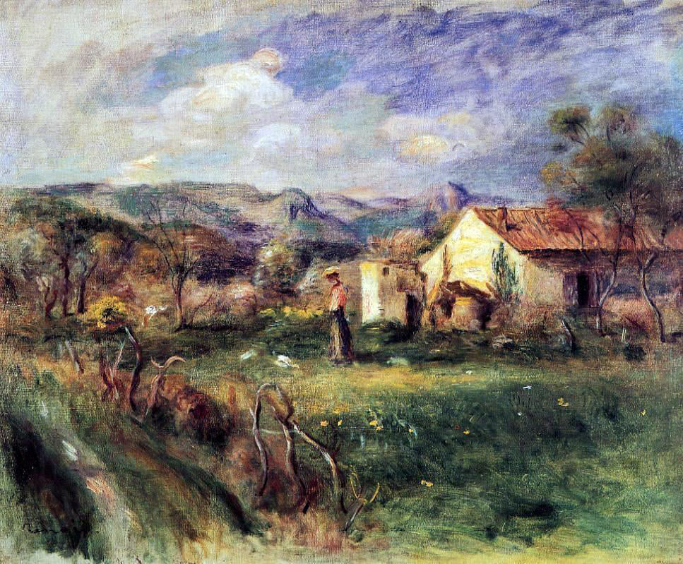 Pierre Auguste Renoir Young Woman Standing near a Farmhouse in Milly - Canvas Print
