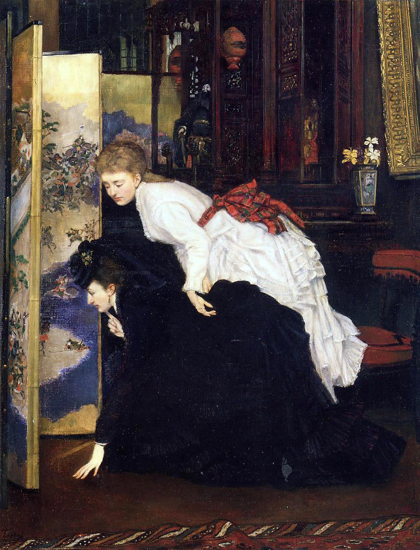 James Tissot Young Women Looking at Japanese Objects - Canvas Print