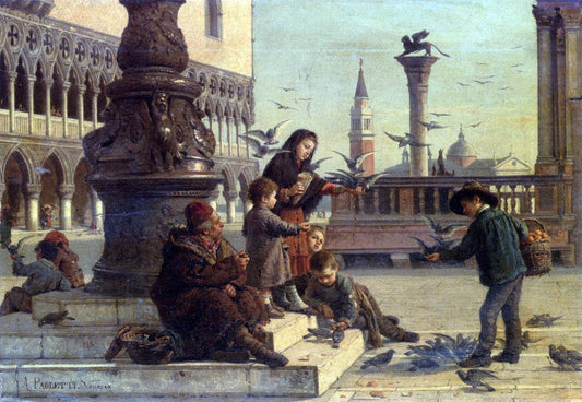  Antonio Paoletti Feeding The Pigeons - Canvas Print