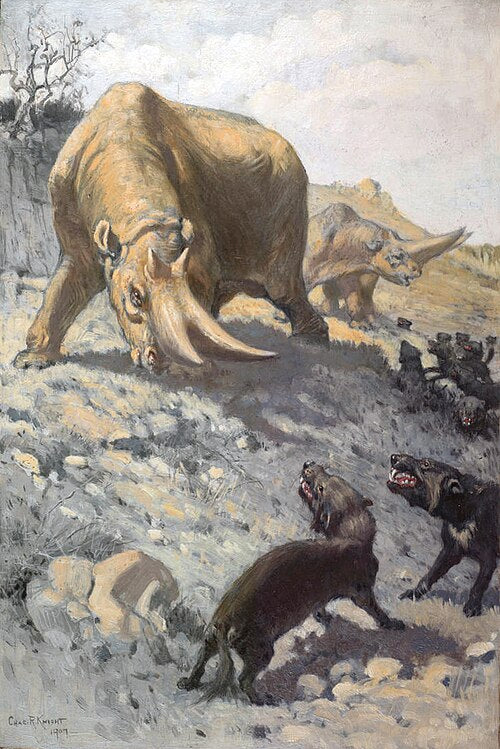 Charles R. Knight Arsinoitherium Attacked by Two Pterodon - Canvas Print