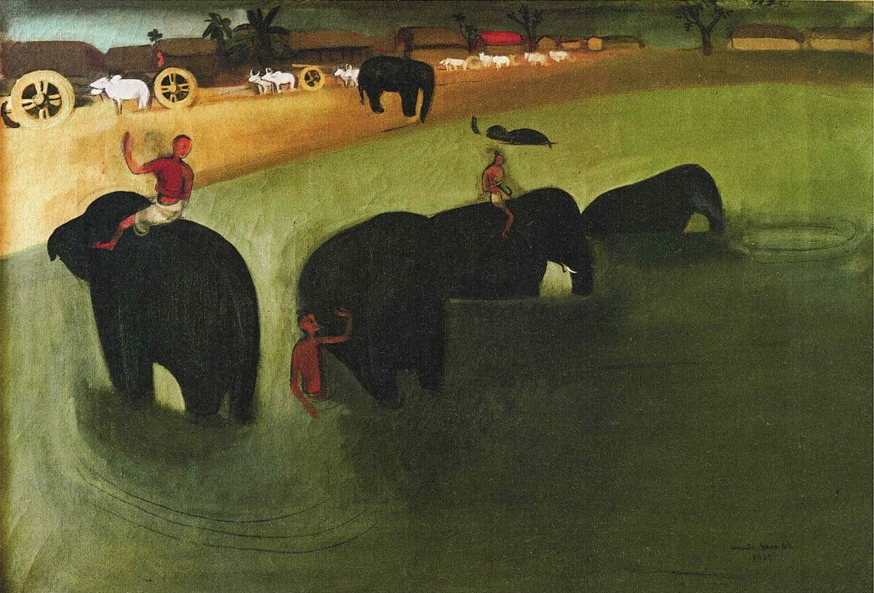 Amrita Sher-Gil Elephants Bathing in a Green Pool - Canvas Print