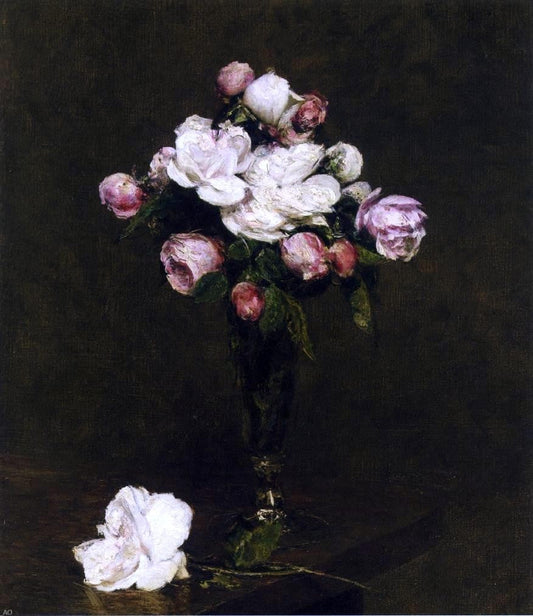  Henri Fantin-Latour White Roses and Roses in a Footed Glass - Canvas Print