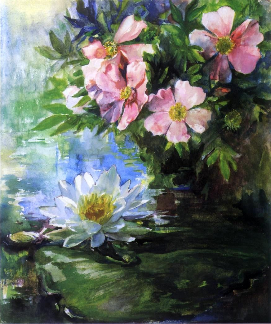  John La Farge Wild Roses and Water Lily - Study of Sunlight - Canvas Print