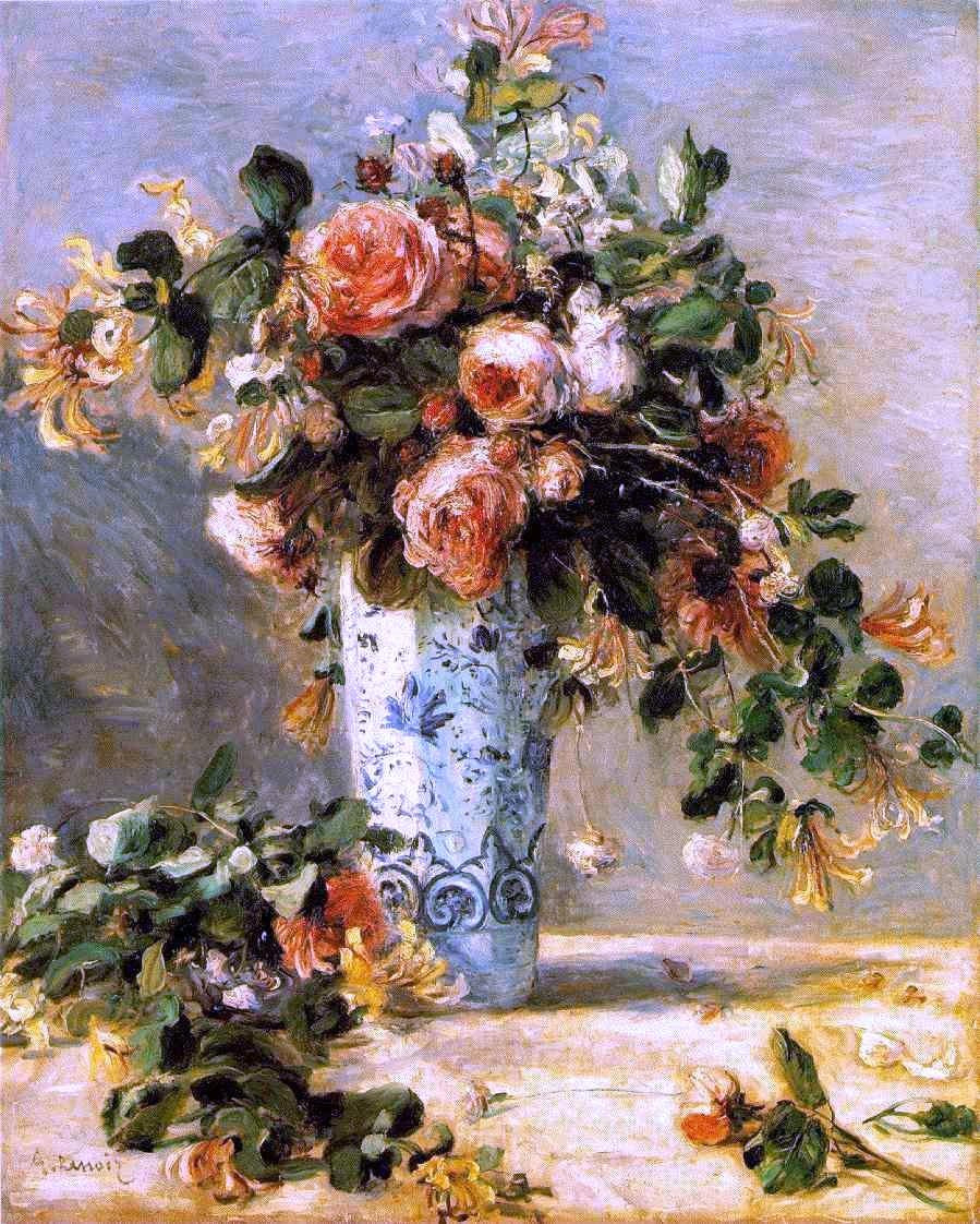  Pierre Auguste Renoir Roses and Jasmine in a Delft Vase - Canvas Print