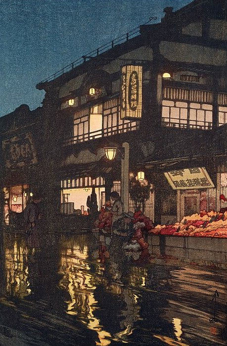 Hiroshi Yoshida Kagurazaka Street after a Night Rain - Canvas Print