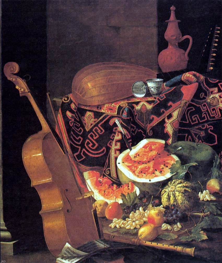  Cristoforo Munari Still-Life with Musical Instruments and Fruit - Canvas Print