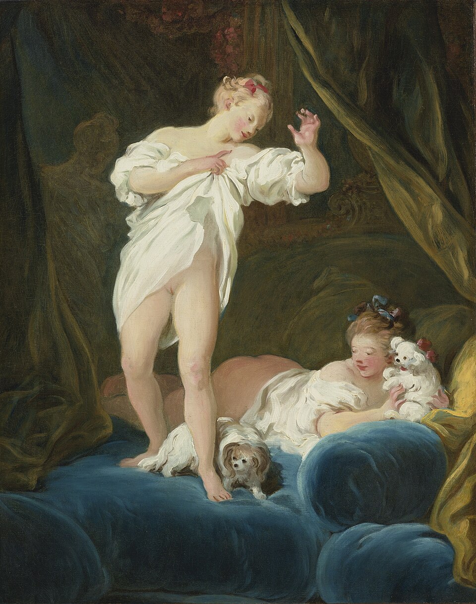 Jean-Honore Fragonard Two Girls on a Bed Playing with their Dogs - Canvas Print