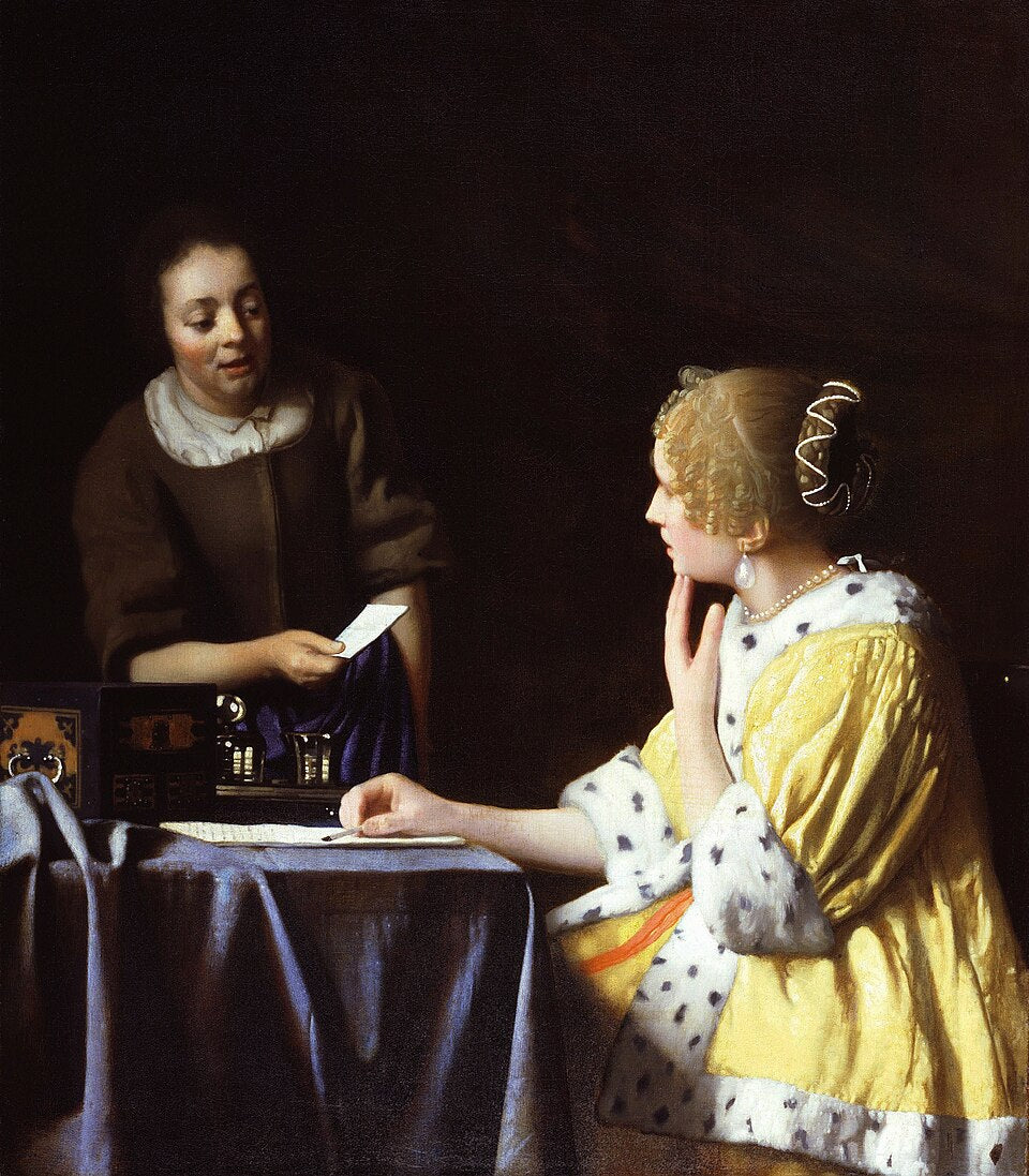 Johannes Vermeer Mistress and Maid, also known as Lady with her Maidservant Holding a Letter - Canvas Print