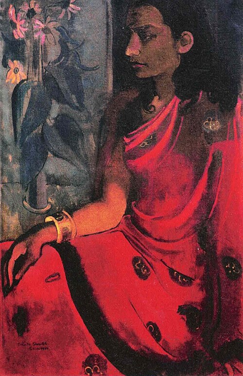 Amrita Sher-Gil Woman in Red - Canvas Print