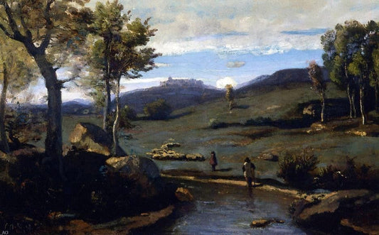  Jean-Baptiste-Camille Corot Roman Countryside - Rocky Valley with a Herd of Pigs - Canvas Print