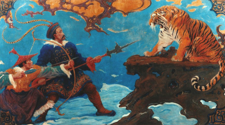 Charles R. Knight Tiger Holding Hunters at Bay - Canvas Print