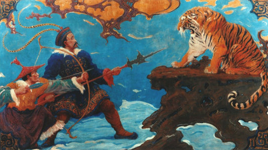 Charles R. Knight Tiger Holding Hunters at Bay - Canvas Print