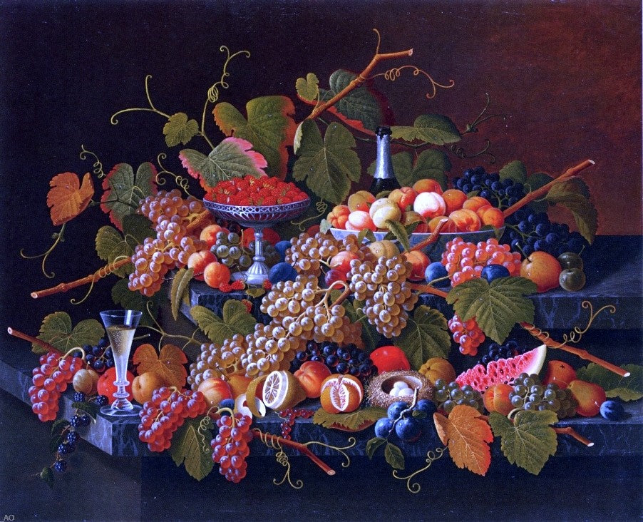  Severin Roesen Still Life with Fruit and Champagne - Canvas Print