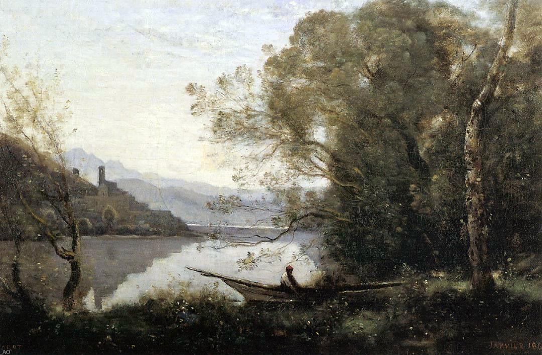  Jean-Baptiste-Camille Corot Souvenir of Italy (also known as The Moored Boat) - Canvas Print