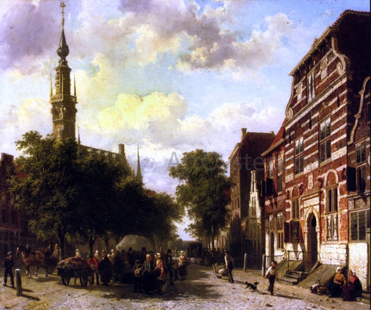 Cornelis Springer Busy Market in Veere with the Clocktower of the Town Hall Beyond - Canvas Print