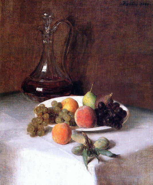 Henri Fantin-Latour A Carafe of Wine and Plate of Fruit on a White Tablecloth - Canvas Print