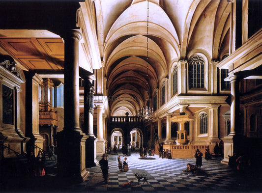  Daniel De Blieck A Church Interior by Candlelight with Figures Conversing - Canvas Print