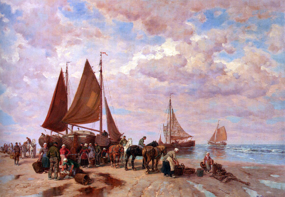  Desire Thomassin Coastal Scene Wih Fisherfolk Sorting The Day's Catch, Beached - Canvas Print