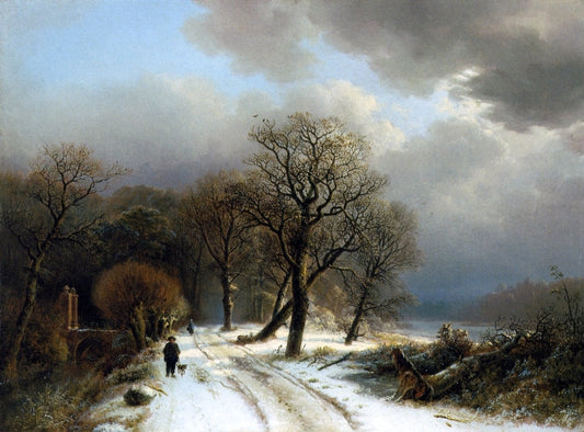  Barend Cornelis Koekkoek Figure Walking His Dog on a Path in a Winter Landscape - Canvas Print