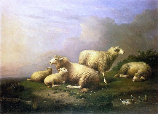  Francois Van Severdonck A Flock of Sheep Resting by a Pond - Canvas Print