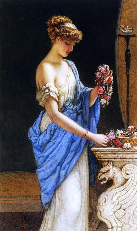  James Sant RA A Girl in Classical Dress Arranging a Garland of Flowers - Canvas Print