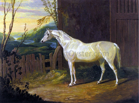  Sr. John Frederick Herring A Gray Arab Mare outside a Stable in an Extensive River Landscape - Canvas Print