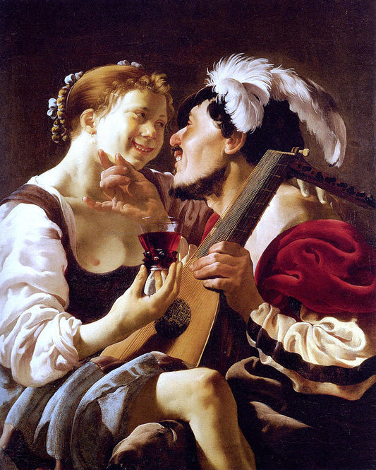  Hendrick Terbrugghen A Luteplayer Carousing With A Young Woman Holding A Roemer - Canvas Print