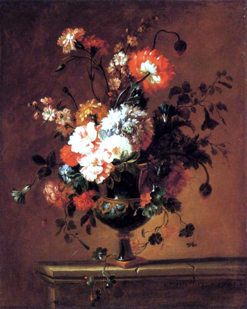  Jacques-Charles Dutillieu A Parrot Tulip, Peonies and other Flowers in an Urn on a Ledge - Canvas Print