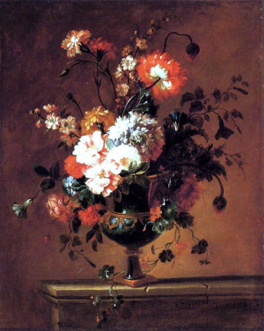  Jacques-Charles Dutillieu A Parrot Tulip, Peonies and other Flowers in an Urn on a Ledge - Canvas Print