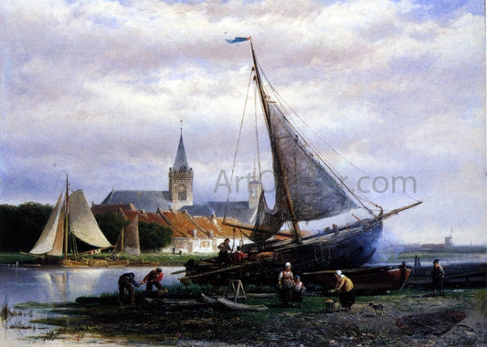  Johan Adolph Rust River Landscape with a Fishing Boat on a Shipyard, a Village Beyond - Canvas Print