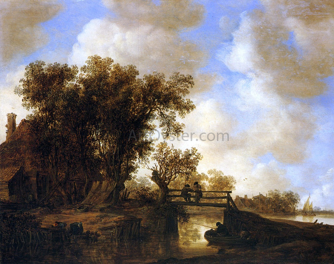  Jan Josephszoon Van Goyen A River Landscape with a Footbridte and Fishermen - Canvas Print