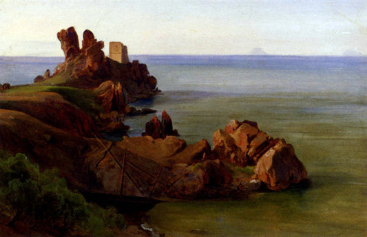  Jean-Baptiste-Adolphe Gibert A Rocky Outcrop With A Moored Boat And Ruined Watchtower, Cefalu - Canvas Print