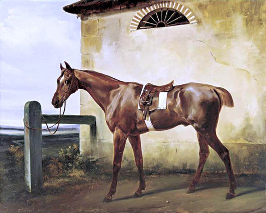  Horace Vernet A Saddled Race Horse Tied to a Fence - Canvas Print