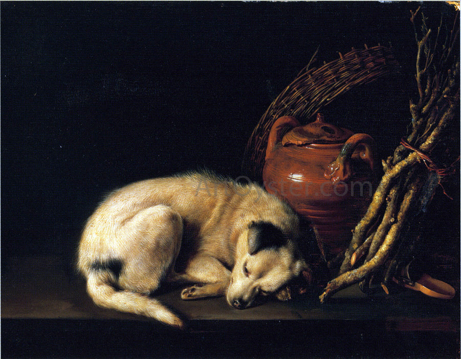  Gerrit Dou A Sleeping Dog Beside a Terracotta Jug, a Basket, and a Pile of Kindling Wood - Canvas Print