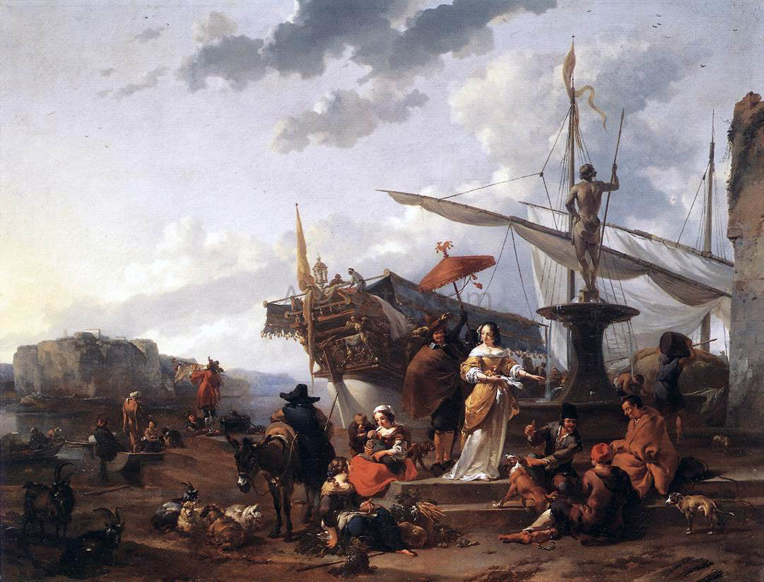  Nicolaes Berchem A Southern Harbour Scene - Canvas Print