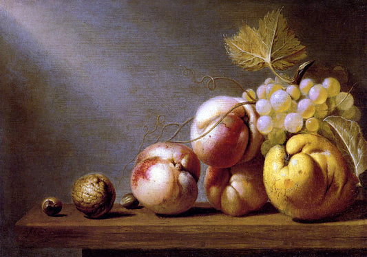  Harmen Steenwijck A Still Life Of Peaches, Grapes, A Quince, A Walnut And Two Hazelnuts On A Wooden Table - Canvas Print