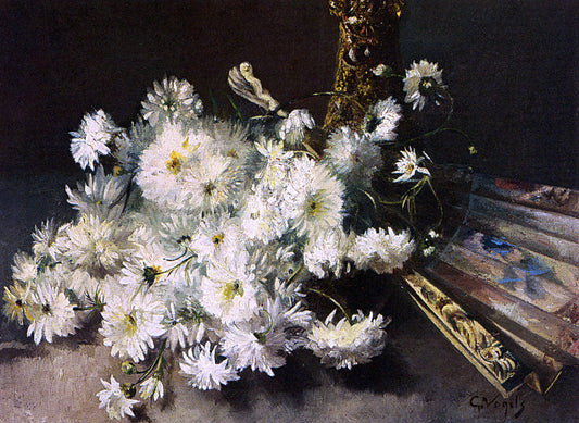  Guillaume Vogels A Still Life With Chrysanthemums And A Fan - Canvas Print