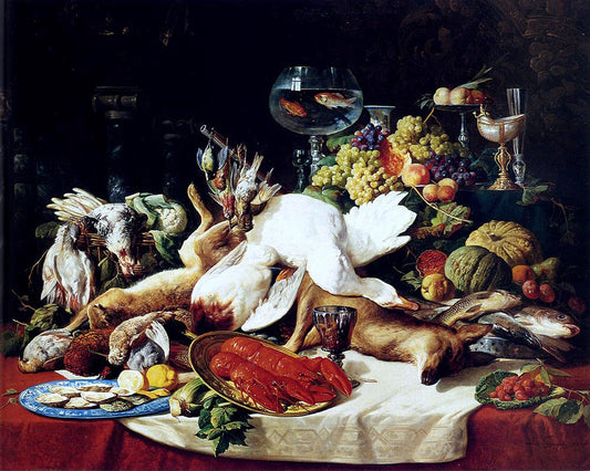  Lucas Schaefels A Still Life With Fruit, Fish, Game And A Goldfish Bowl - Canvas Print