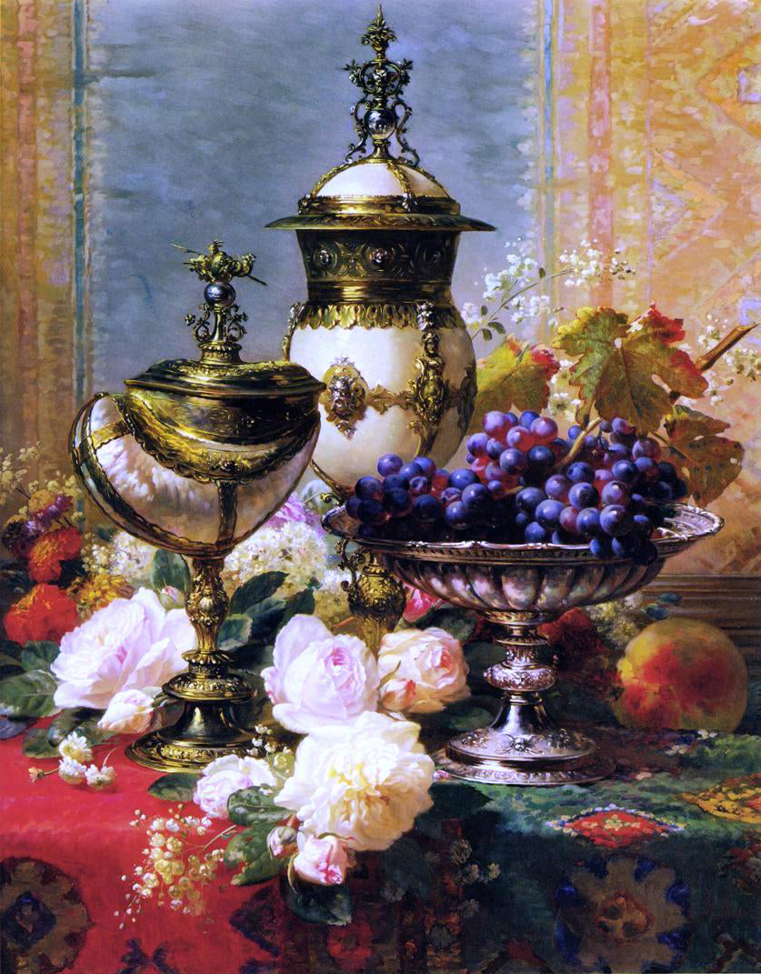 Jean Baptiste Robie A Still Life with Roses, Grapes and A Silver Inlaid Nautilus Shell - Canvas Print