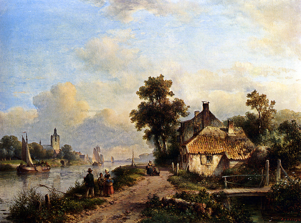  Lodewijk Johannes Kleijn A Summer Landscape With Figures Along A Waterway - Canvas Print