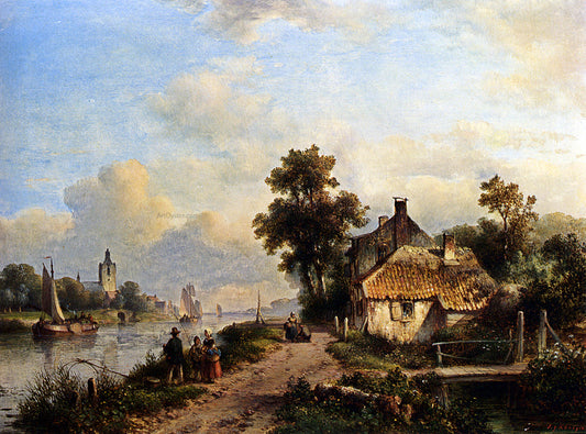  Lodewijk Johannes Kleijn A Summer Landscape With Figures Along A Waterway - Canvas Print
