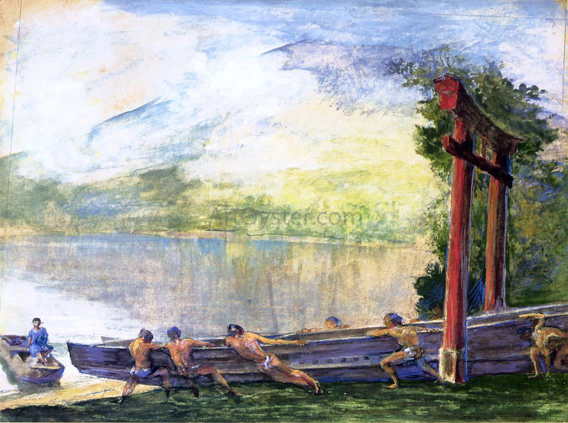  John La Farge A Torii on Shore of Lake Chusenji, Japan. Fishermen Pushing Out Their Boat - Canvas Print