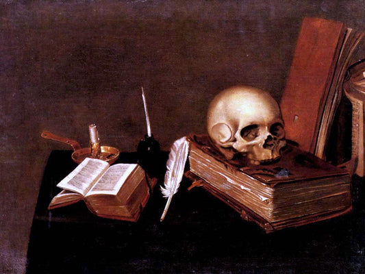  Michael Konrad Hirt A Vanitas Still Life with a Candle, an Inkwell, a Quill Pen, a Skull and Books - Canvas Print