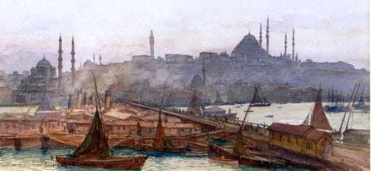  Tristram Ellis A View of Galata Bridge, Yemi Cami, Beyazit Tower and Saleymaniye Mosque, Constantinople - Canvas Print