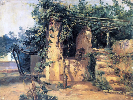  Johann Baptist Kirner A Vine-Covered Terrace with a Well and a View of the Sea - Canvas Print
