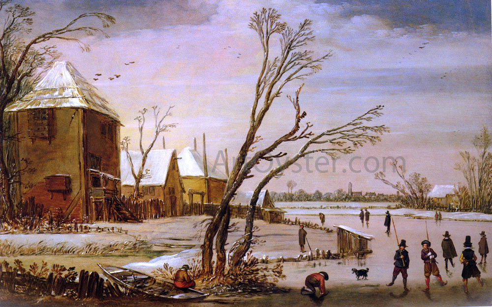  Esaias Van de Velde A Winter Landscape with Skaters on a Frozen River - Canvas Print