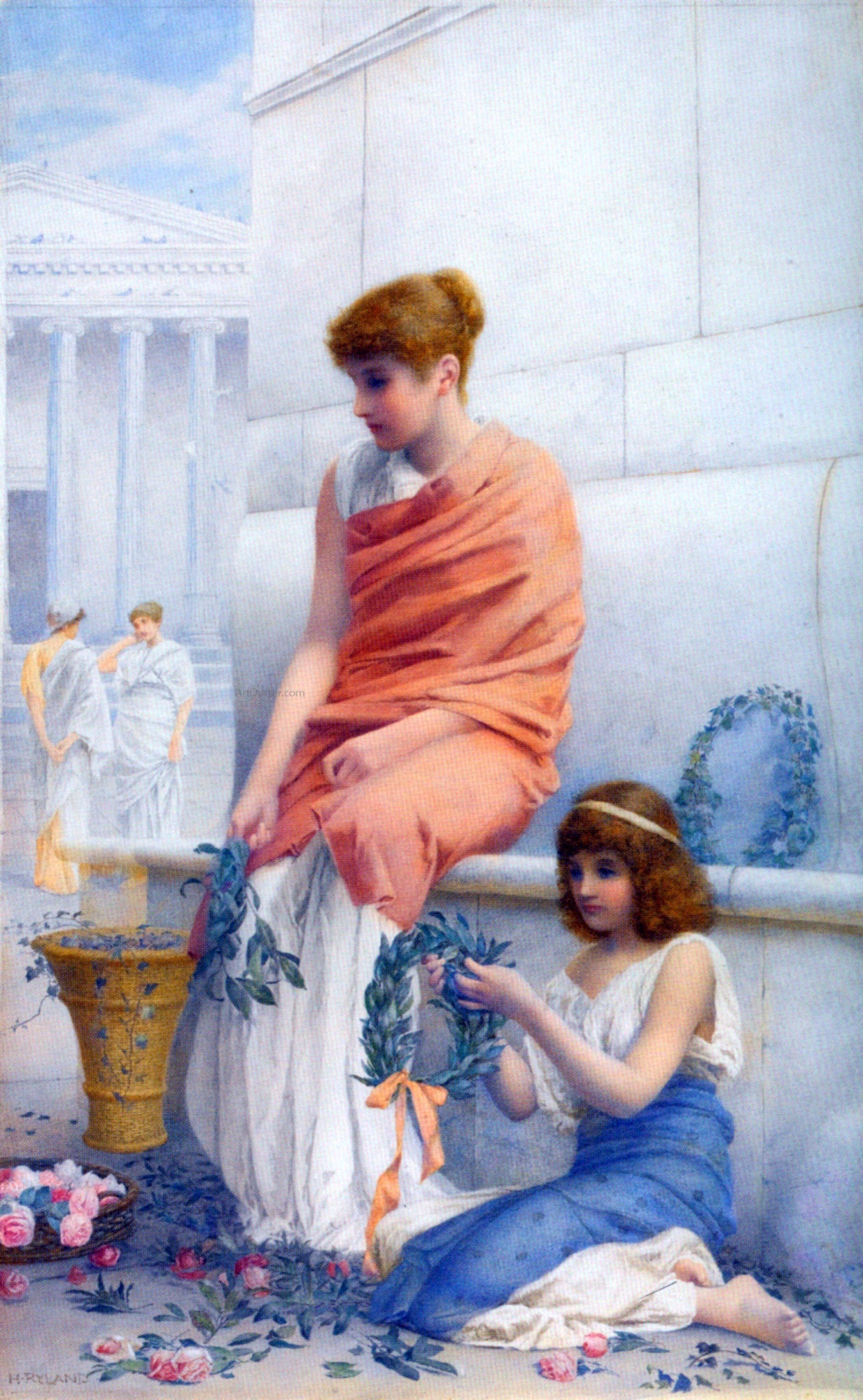  Henry Ryland A Woman and Child Making Wreaths - Canvas Print