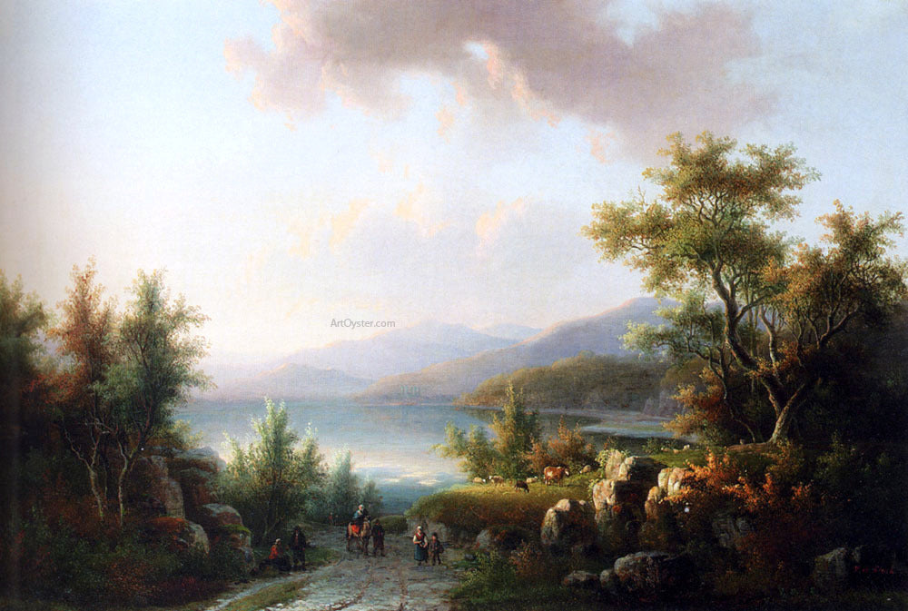  Willem De Klerk A Wooded Hilly Landscape With Travellers On  A Track Near A Lake - Canvas Print